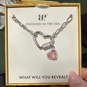 Bomb Party Gem society Heart Charm Silver Necklace with Pink Crystal Pendant